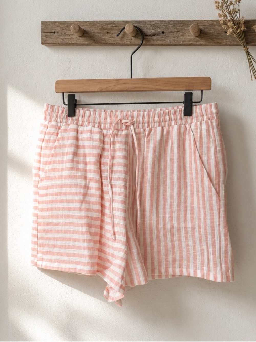 GIANNI BINI Peach Linen Blend Striped Shorts L NEW Drawstring Beachy Pull On